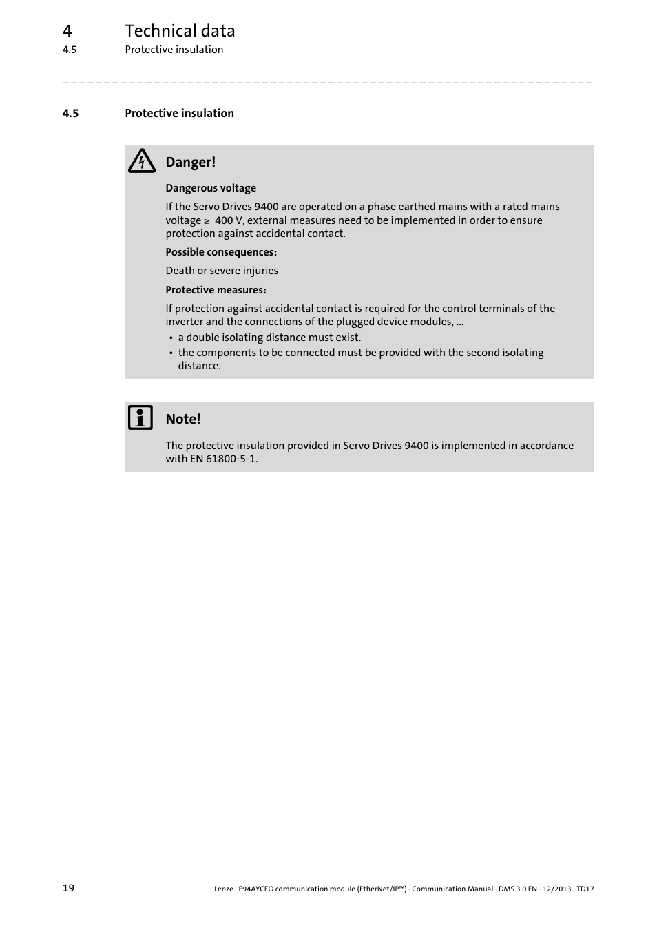 5 protective insulation, Protective insulation, 4technical data | Lenze E94AYCEO User Manual | Page 19 / 149