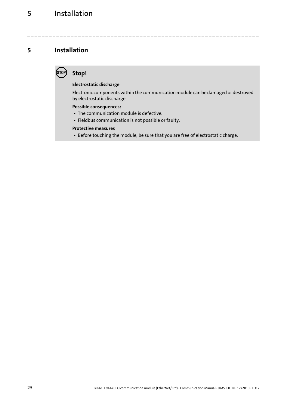 5 installation, Installation, 5installation | Lenze E94AYCEO User Manual | Page 23 / 149