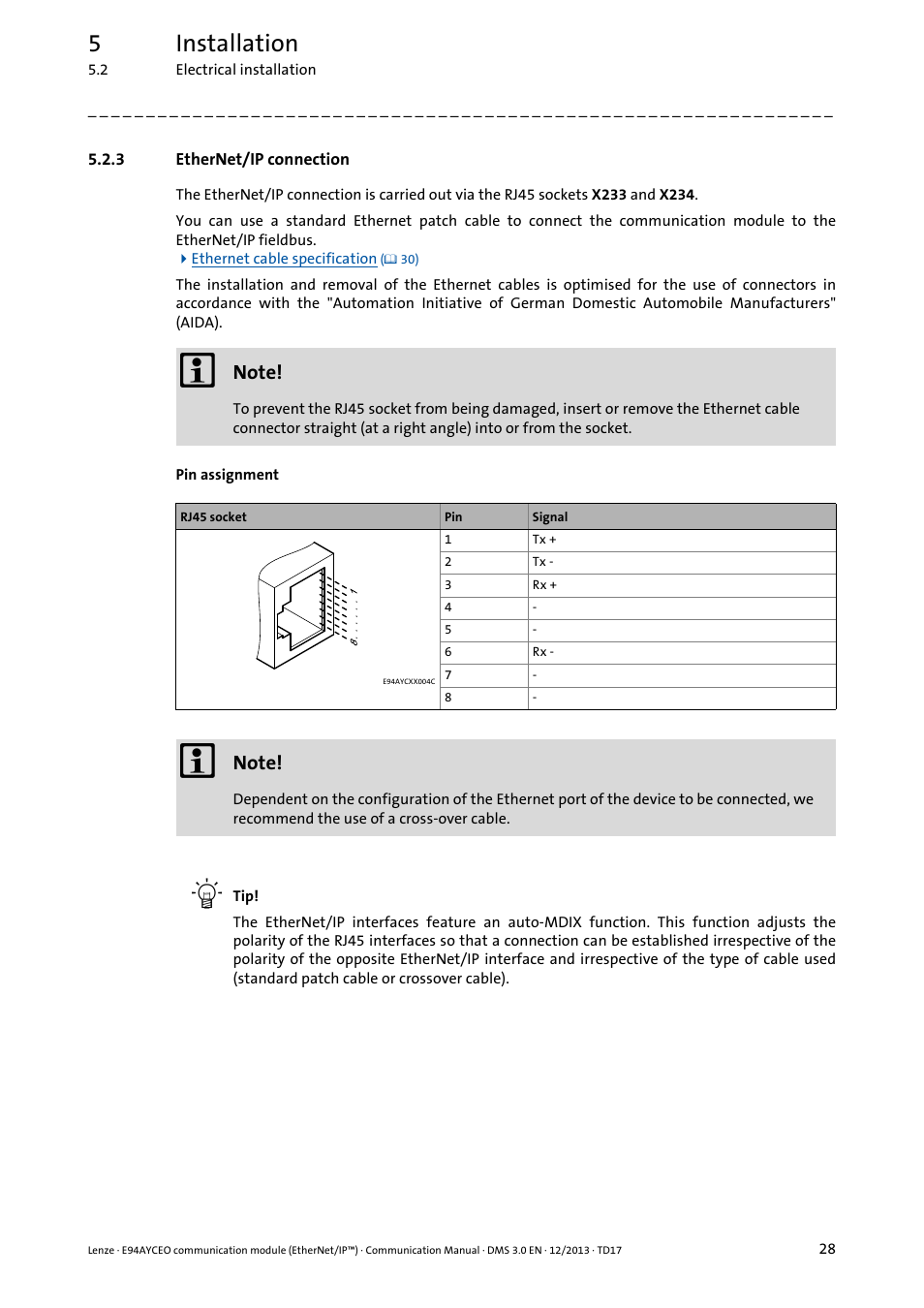 3 ethernet/ip connection, Ethernet/ip connection, Ethernet/ip connection ( 28) | 5installation | Lenze E94AYCEO User Manual | Page 28 / 149