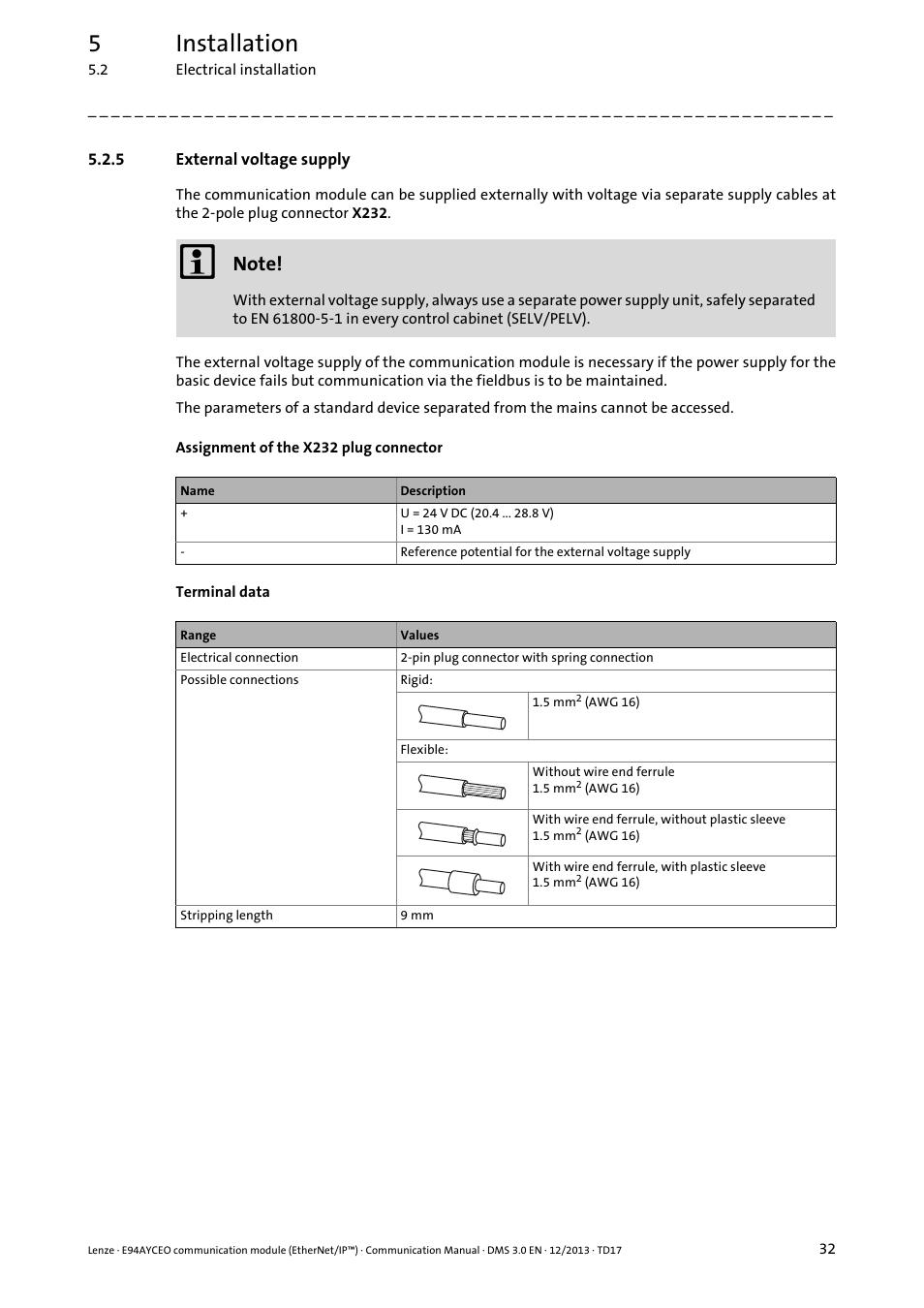 5 external voltage supply, External voltage supply, External voltage supply ( 32) | 5installation | Lenze E94AYCEO User Manual | Page 32 / 149