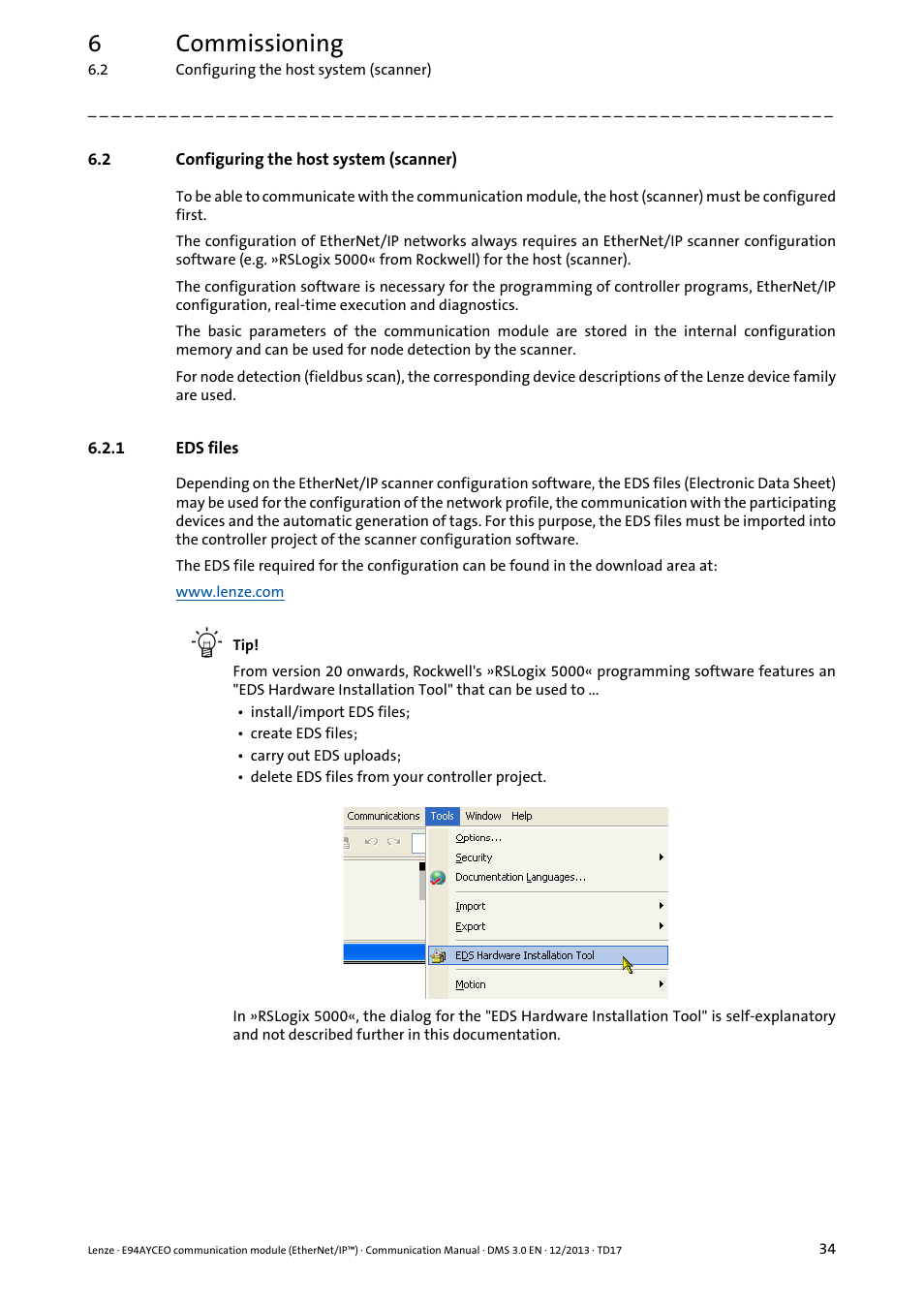 2 configuring the host system (scanner), 1 eds files, Configuring the host system (scanner) | Eds files, 6commissioning | Lenze E94AYCEO User Manual | Page 34 / 149