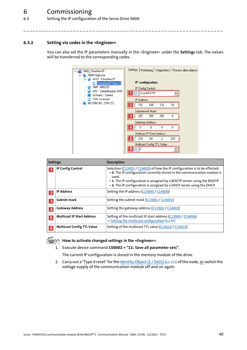 2 setting via codes in the »engineer, Setting via codes in the »engineer, 6commissioning | Lenze E94AYCEO User Manual | Page 40 / 149