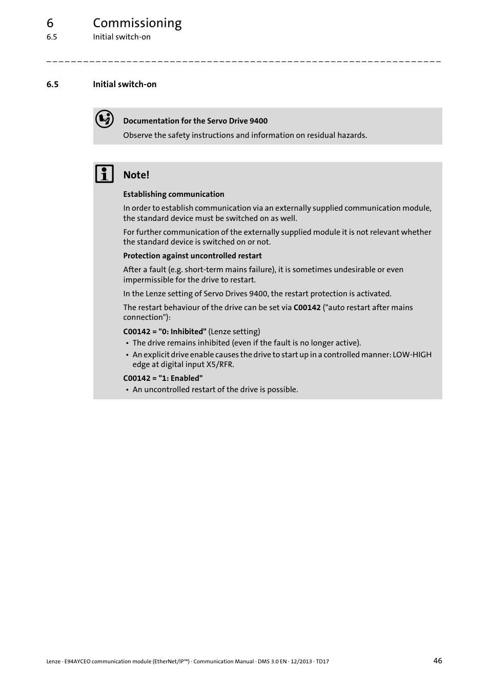 5 initial switch-on, Initial switch-on, 6commissioning | Lenze E94AYCEO User Manual | Page 46 / 149