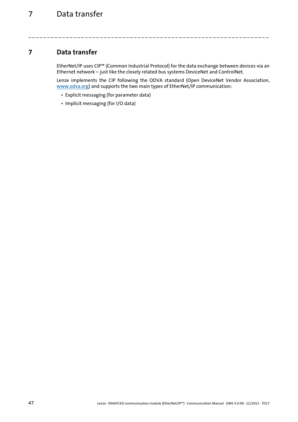 7 data transfer, Data transfer, 7data transfer | Lenze E94AYCEO User Manual | Page 47 / 149
