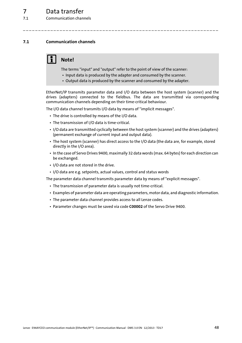 1 communication channels, Communication channels, 7data transfer | Lenze E94AYCEO User Manual | Page 48 / 149