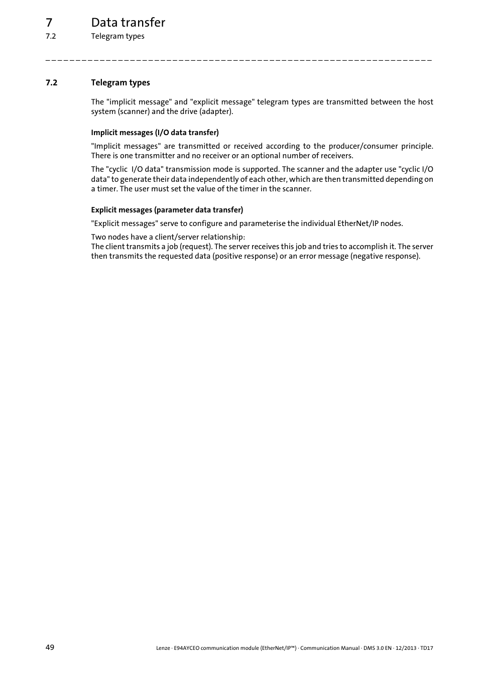 2 telegram types, Telegram types, 7data transfer | Lenze E94AYCEO User Manual | Page 49 / 149