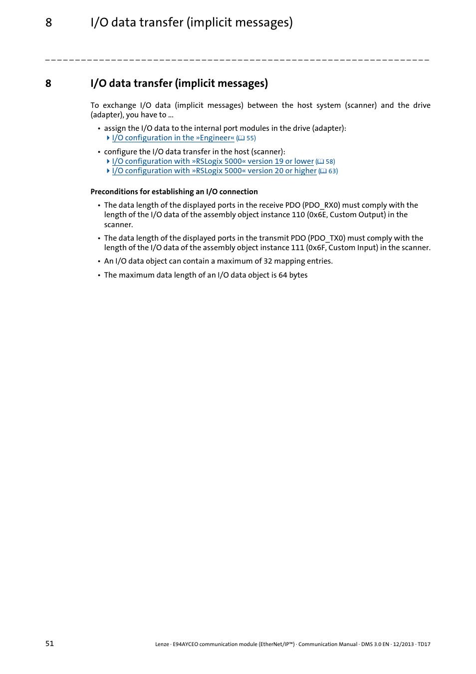 8 i/o data transfer (implicit messages), I/o data transfer (implicit messages), 8i/o data transfer (implicit messages) | Lenze E94AYCEO User Manual | Page 51 / 149