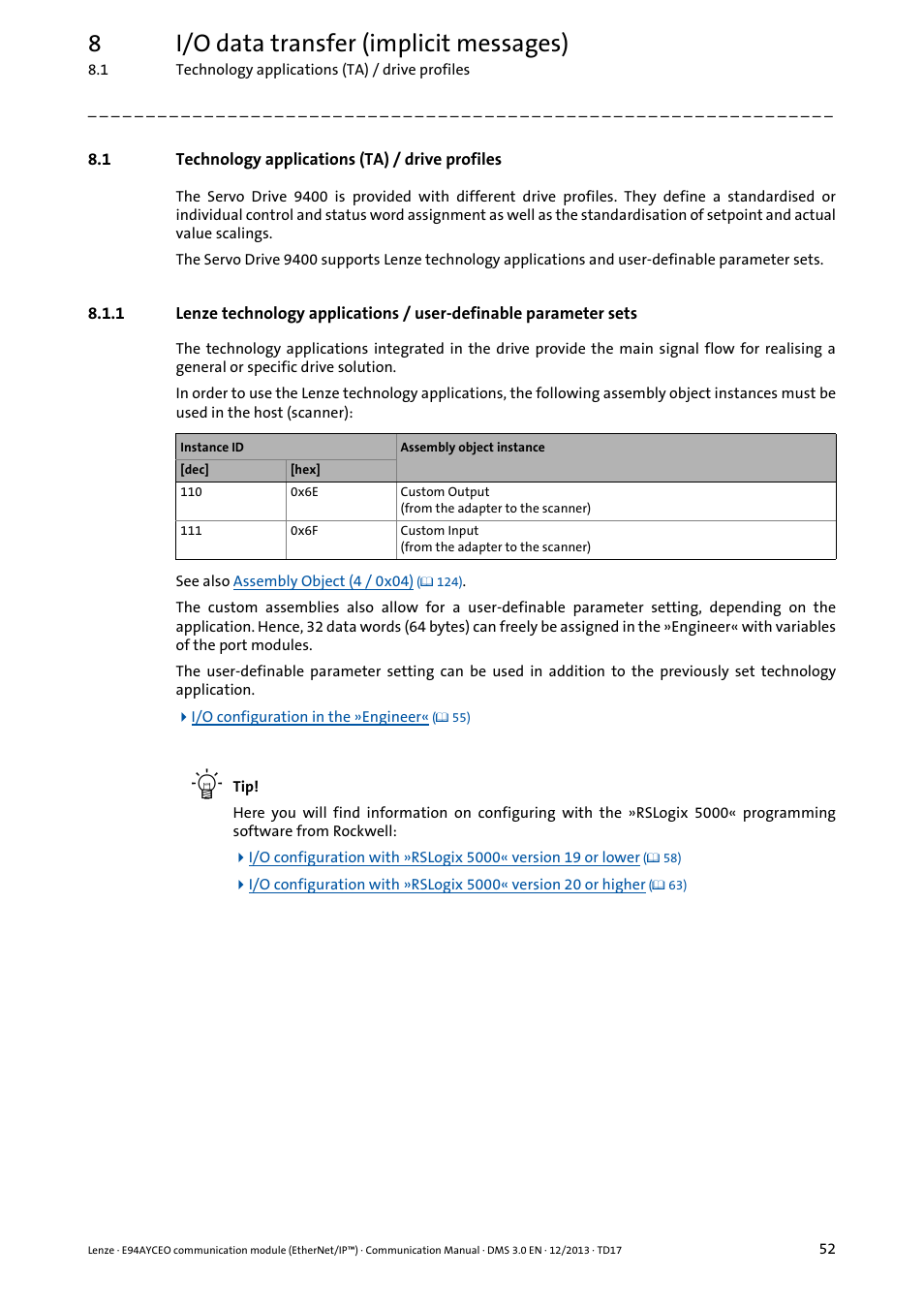 1 technology applications (ta) / drive profiles, Technology applications (ta) / drive profiles, 8i/o data transfer (implicit messages) | Lenze E94AYCEO User Manual | Page 52 / 149
