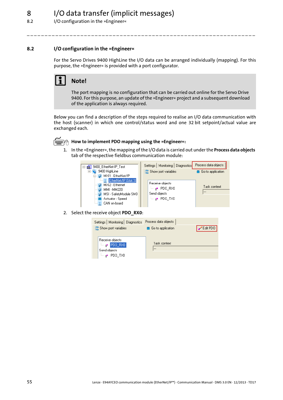 2 i/o configuration in the »engineer, I/o configuration in the »engineer, T in the drive | I/o configuration, In the »engineer, 8i/o data transfer (implicit messages) | Lenze E94AYCEO User Manual | Page 55 / 149