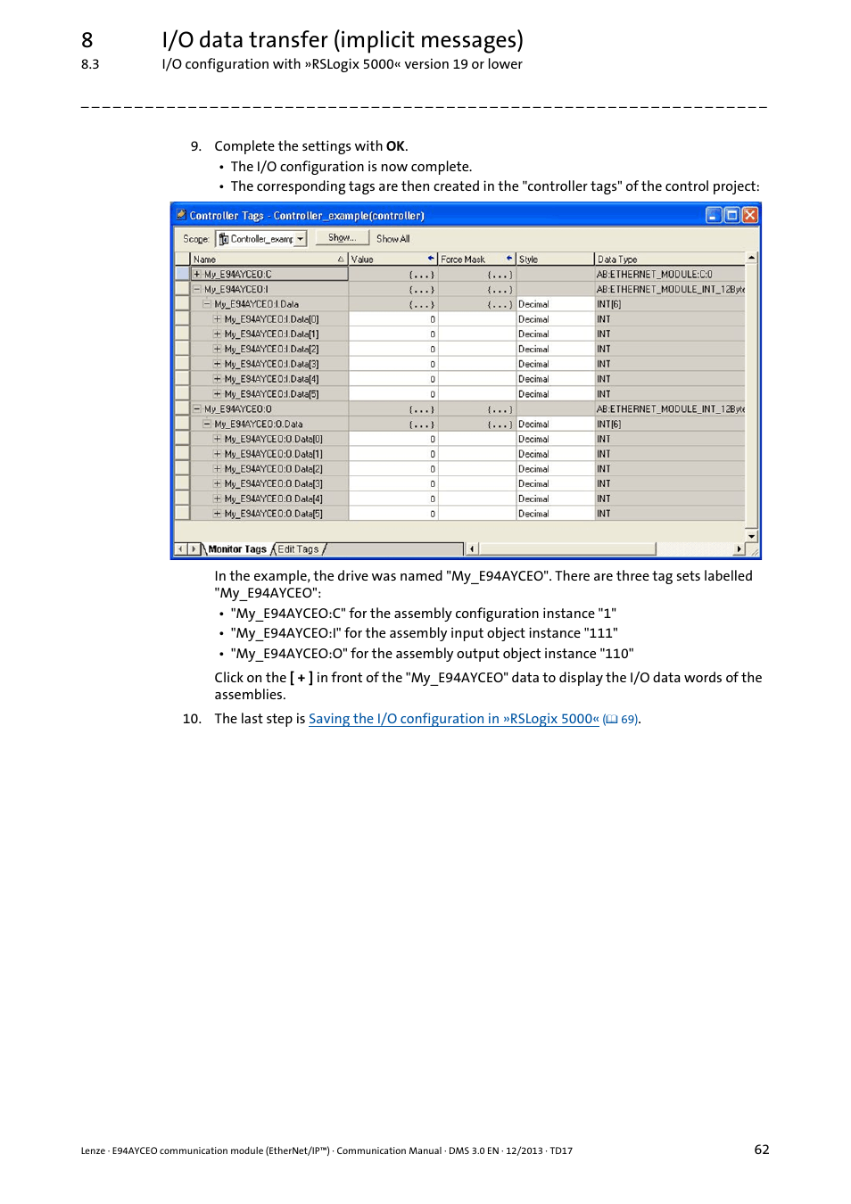8i/o data transfer (implicit messages) | Lenze E94AYCEO User Manual | Page 62 / 149
