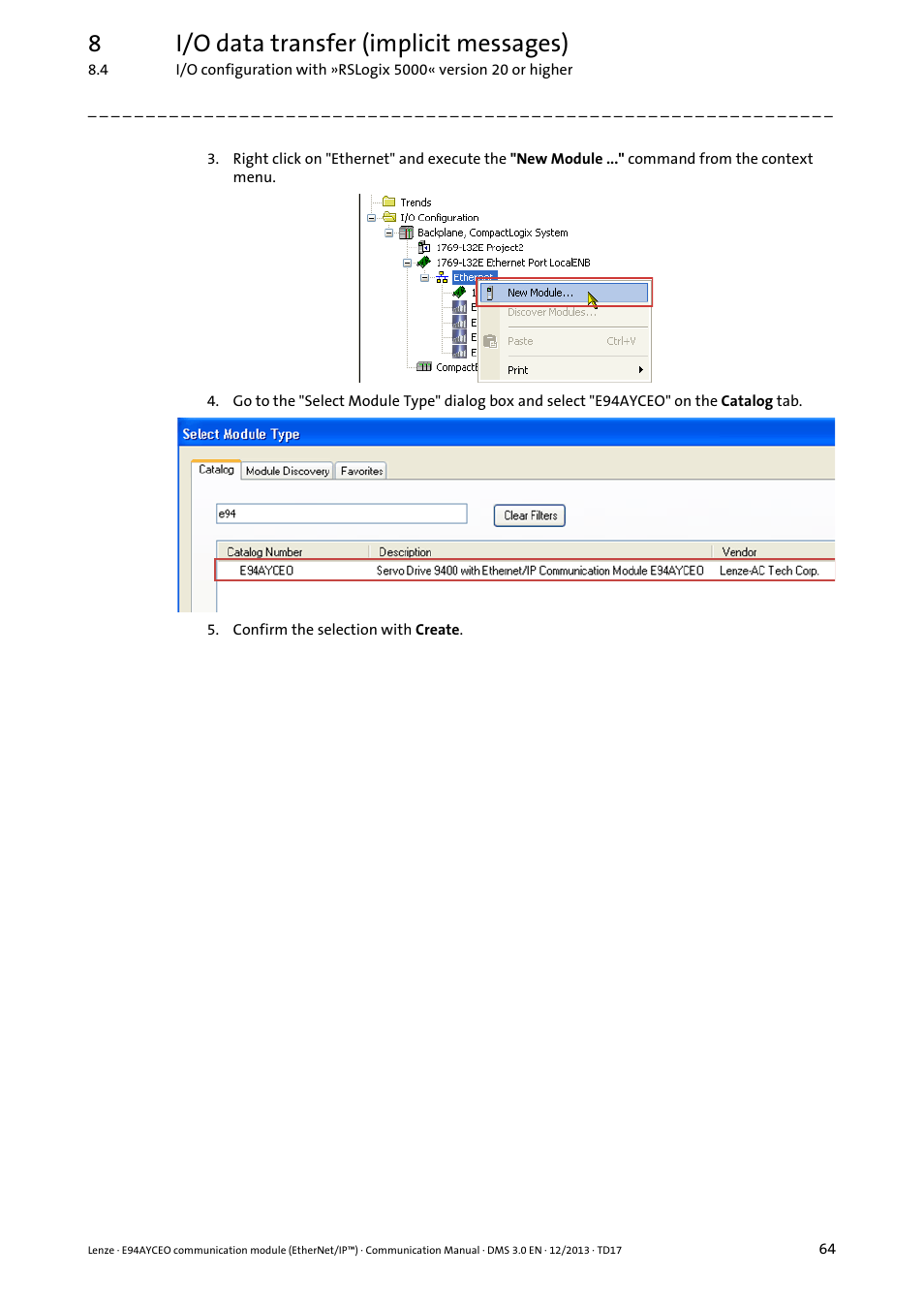 8i/o data transfer (implicit messages) | Lenze E94AYCEO User Manual | Page 64 / 149