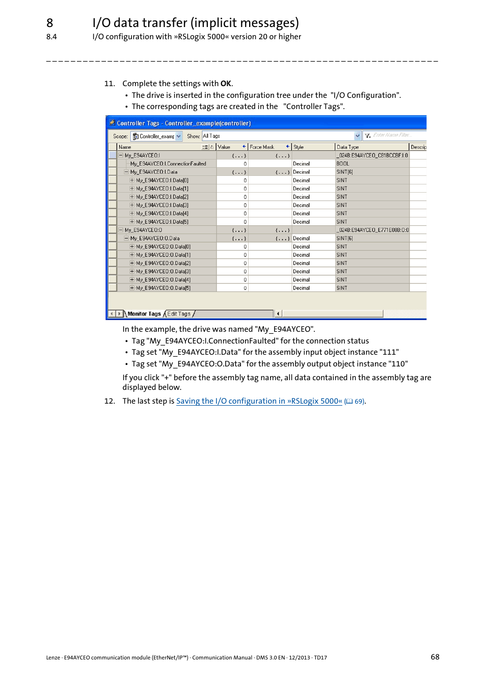 8i/o data transfer (implicit messages) | Lenze E94AYCEO User Manual | Page 68 / 149