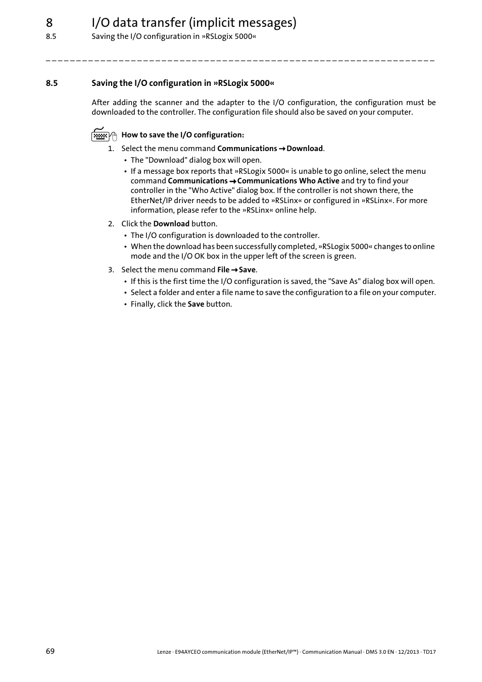 5 saving the i/o configuration in »rslogix 5000, Saving the i/o configuration in »rslogix 5000, 8i/o data transfer (implicit messages) | Lenze E94AYCEO User Manual | Page 69 / 149