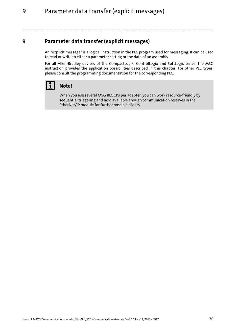 9 parameter data transfer (explicit messages), Parameter data transfer (explicit messages), 9parameter data transfer (explicit messages) | Lenze E94AYCEO User Manual | Page 70 / 149