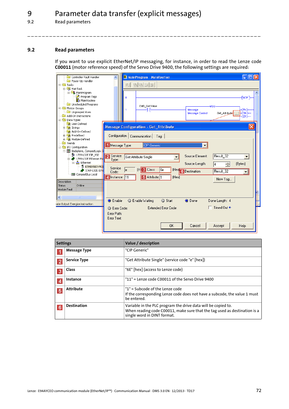 2 read parameters, Read parameters, 9parameter data transfer (explicit messages) | Lenze E94AYCEO User Manual | Page 72 / 149