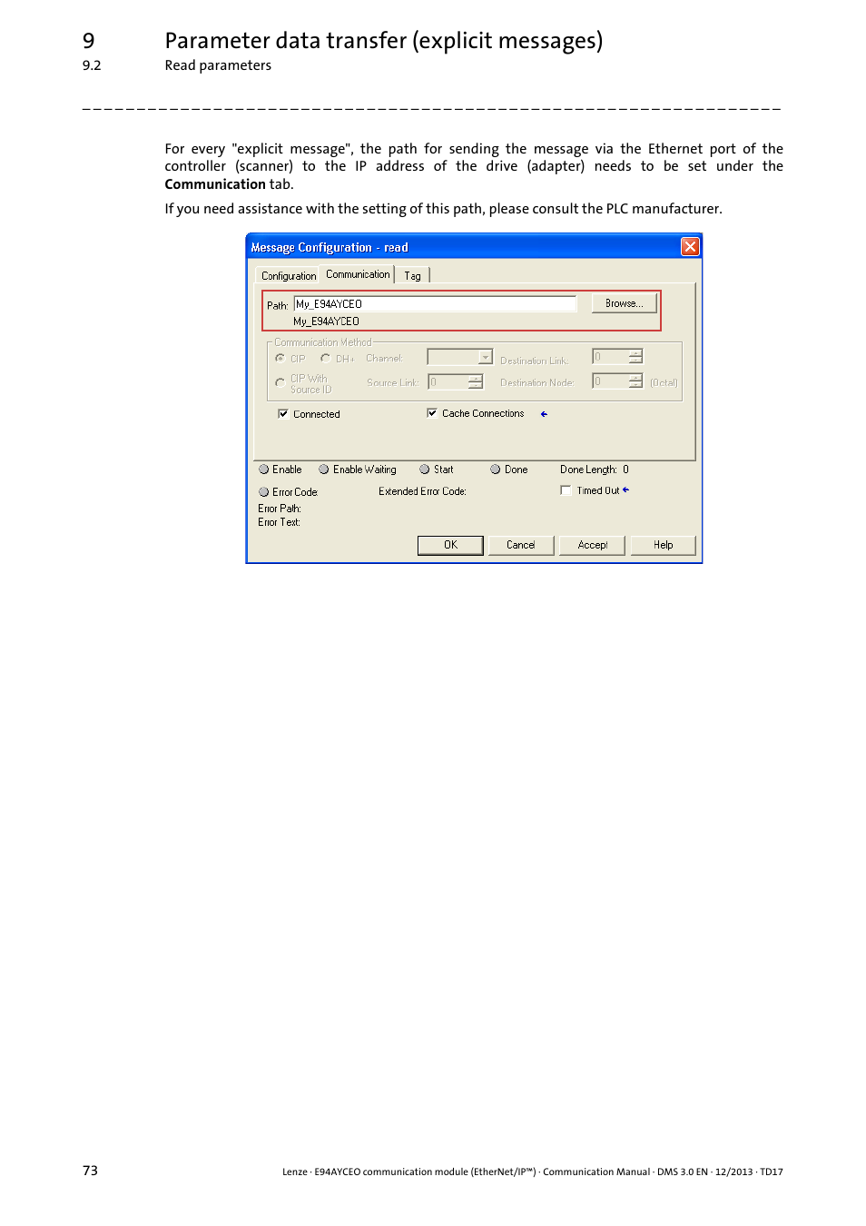9parameter data transfer (explicit messages) | Lenze E94AYCEO User Manual | Page 73 / 149