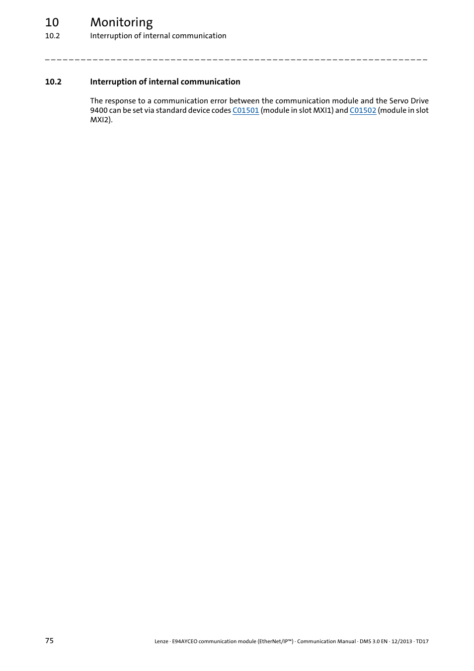 2 interruption of internal communication, 10 monitoring | Lenze E94AYCEO User Manual | Page 75 / 149