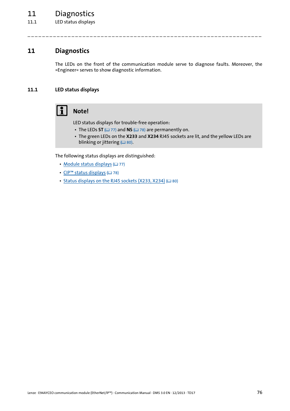 11 diagnostics, 1 led status displays, Diagnostics | Lenze E94AYCEO User Manual | Page 76 / 149