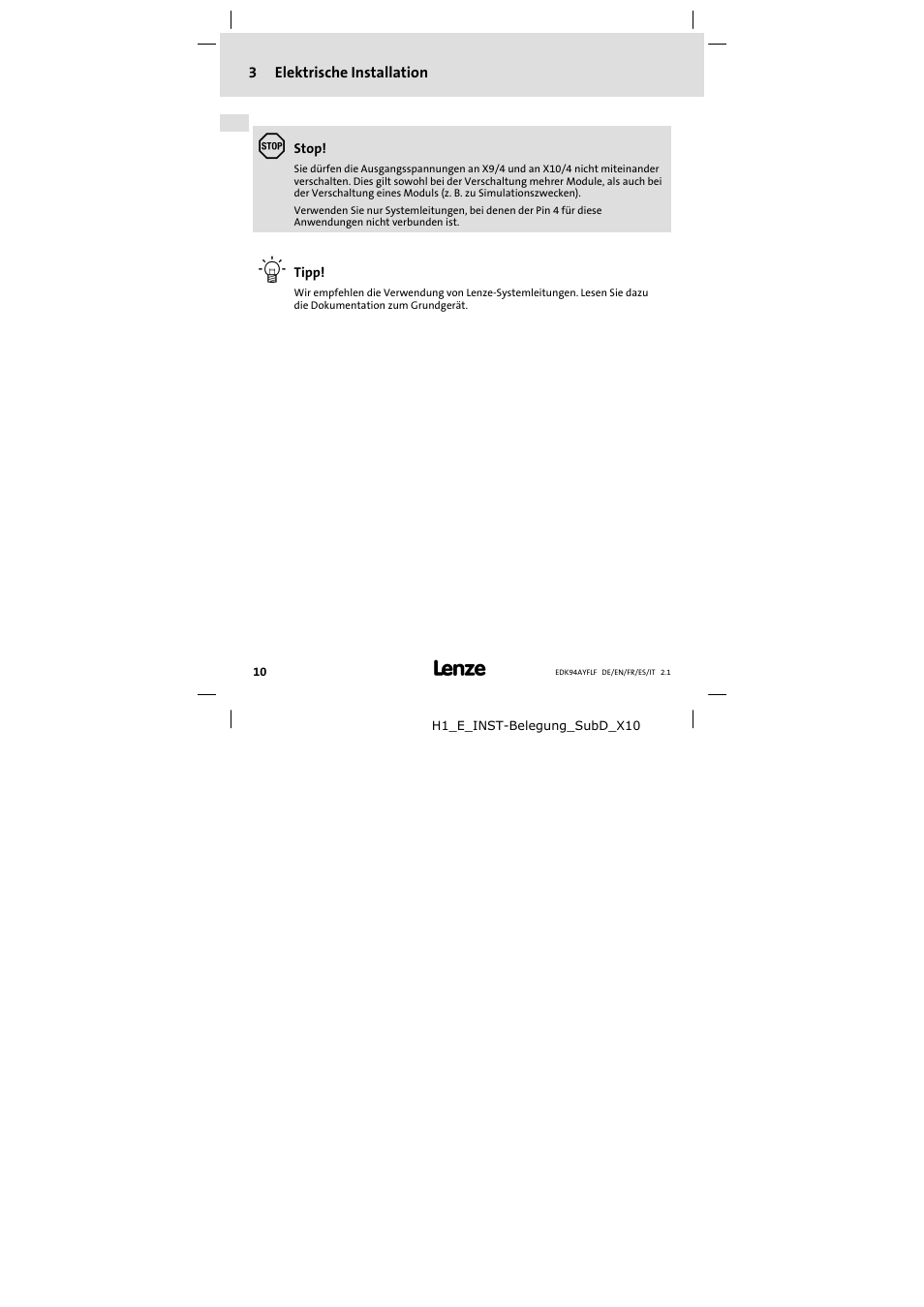 3 elektrische installation | Lenze E94AYFLF User Manual | Page 10 / 44