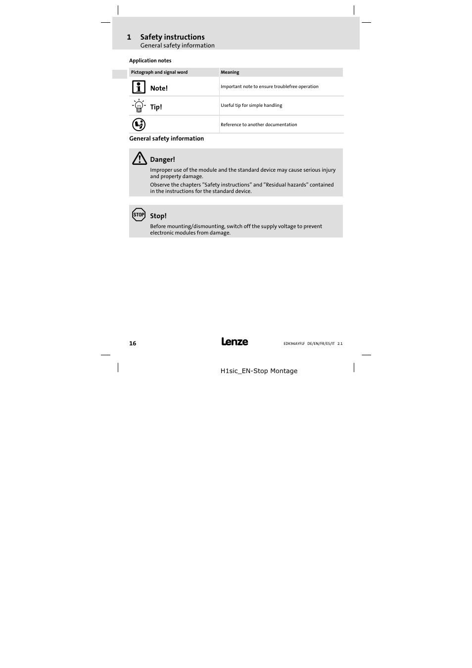 General safety information | Lenze E94AYFLF User Manual | Page 16 / 44