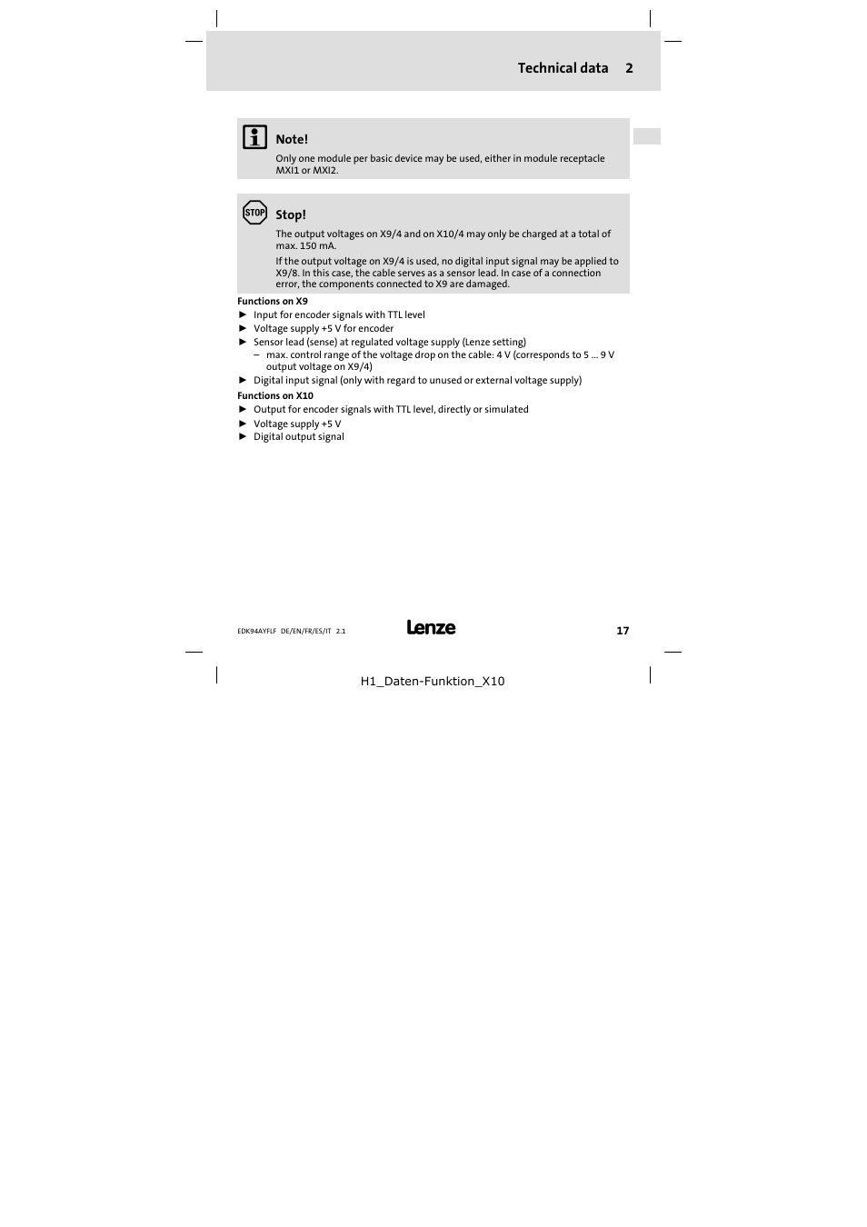 2 technical data | Lenze E94AYFLF User Manual | Page 17 / 44