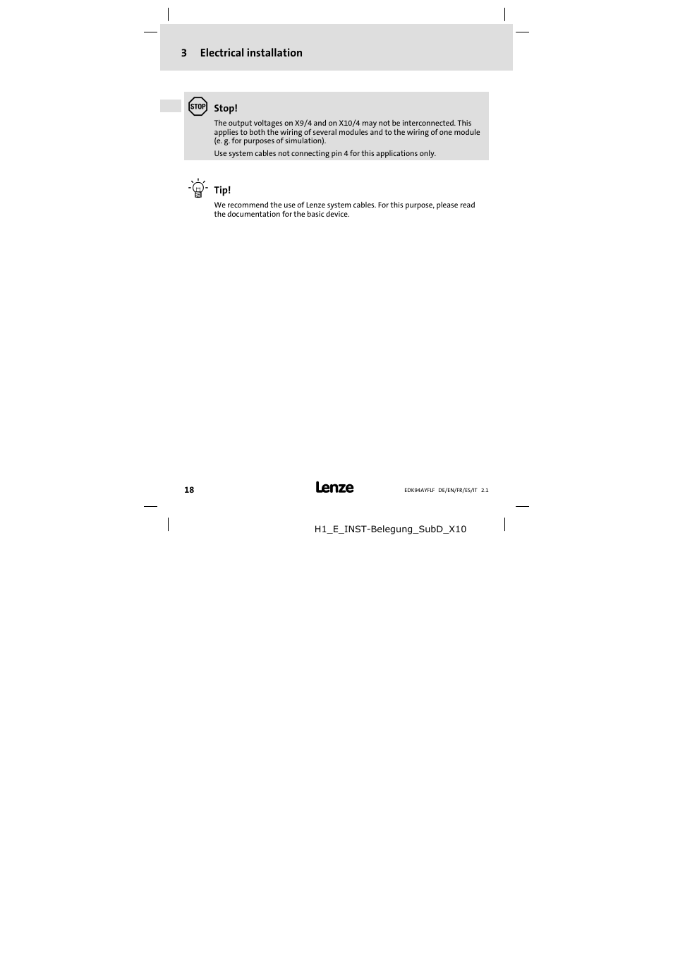 3 electrical installation | Lenze E94AYFLF User Manual | Page 18 / 44
