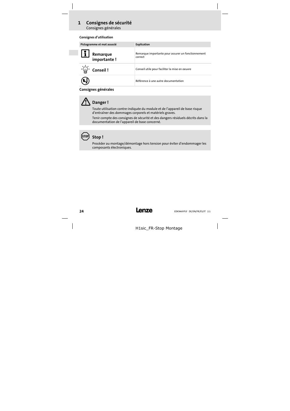 Consignes générales | Lenze E94AYFLF User Manual | Page 24 / 44