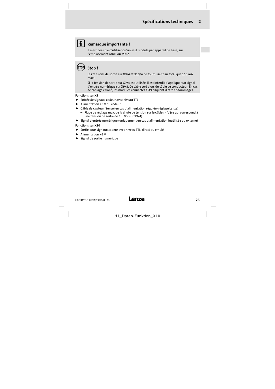 2 spécifications techniques | Lenze E94AYFLF User Manual | Page 25 / 44