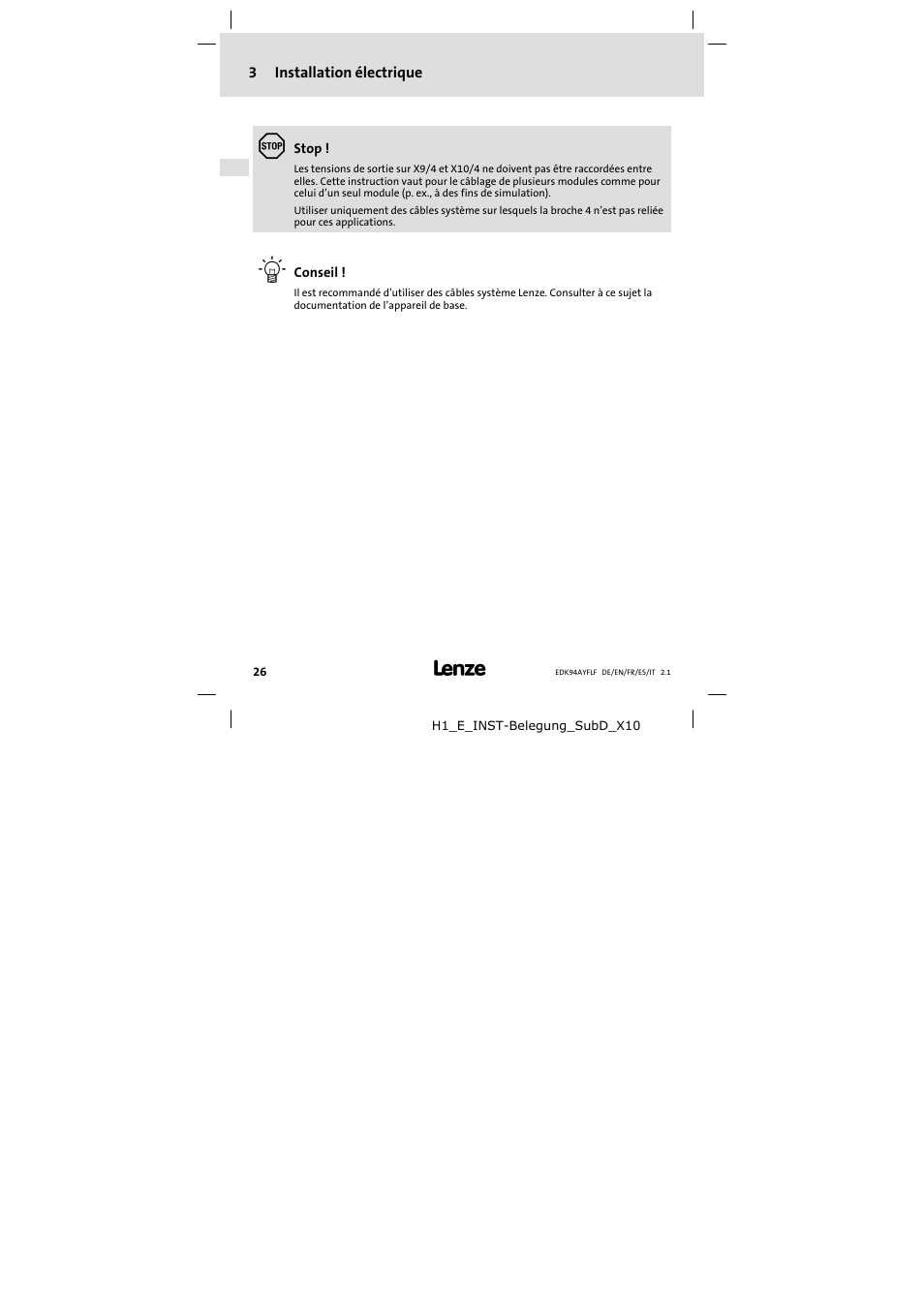 3 installation électrique | Lenze E94AYFLF User Manual | Page 26 / 44