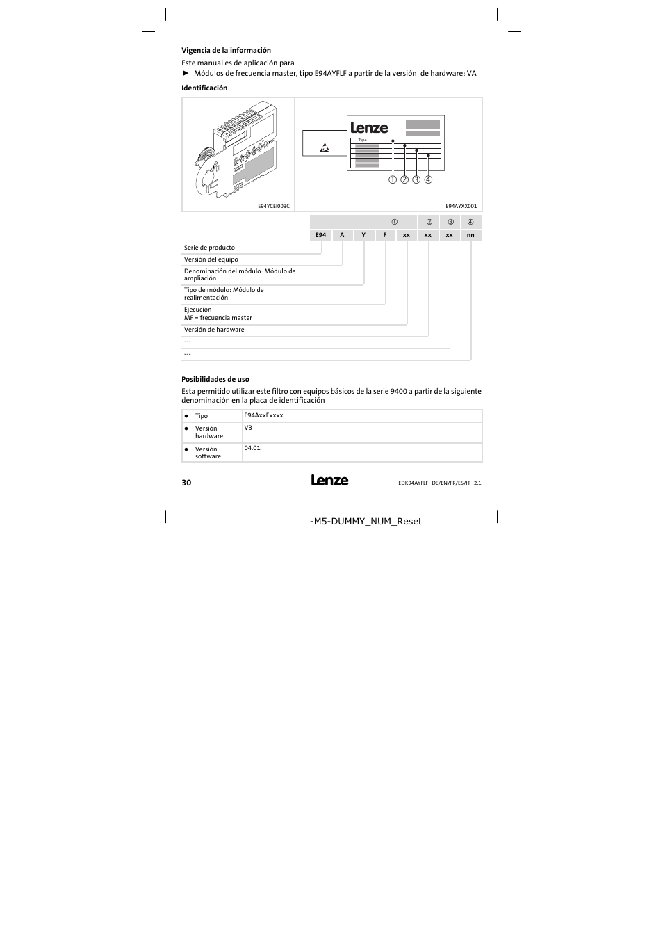 Vigencia de la información | Lenze E94AYFLF User Manual | Page 30 / 44
