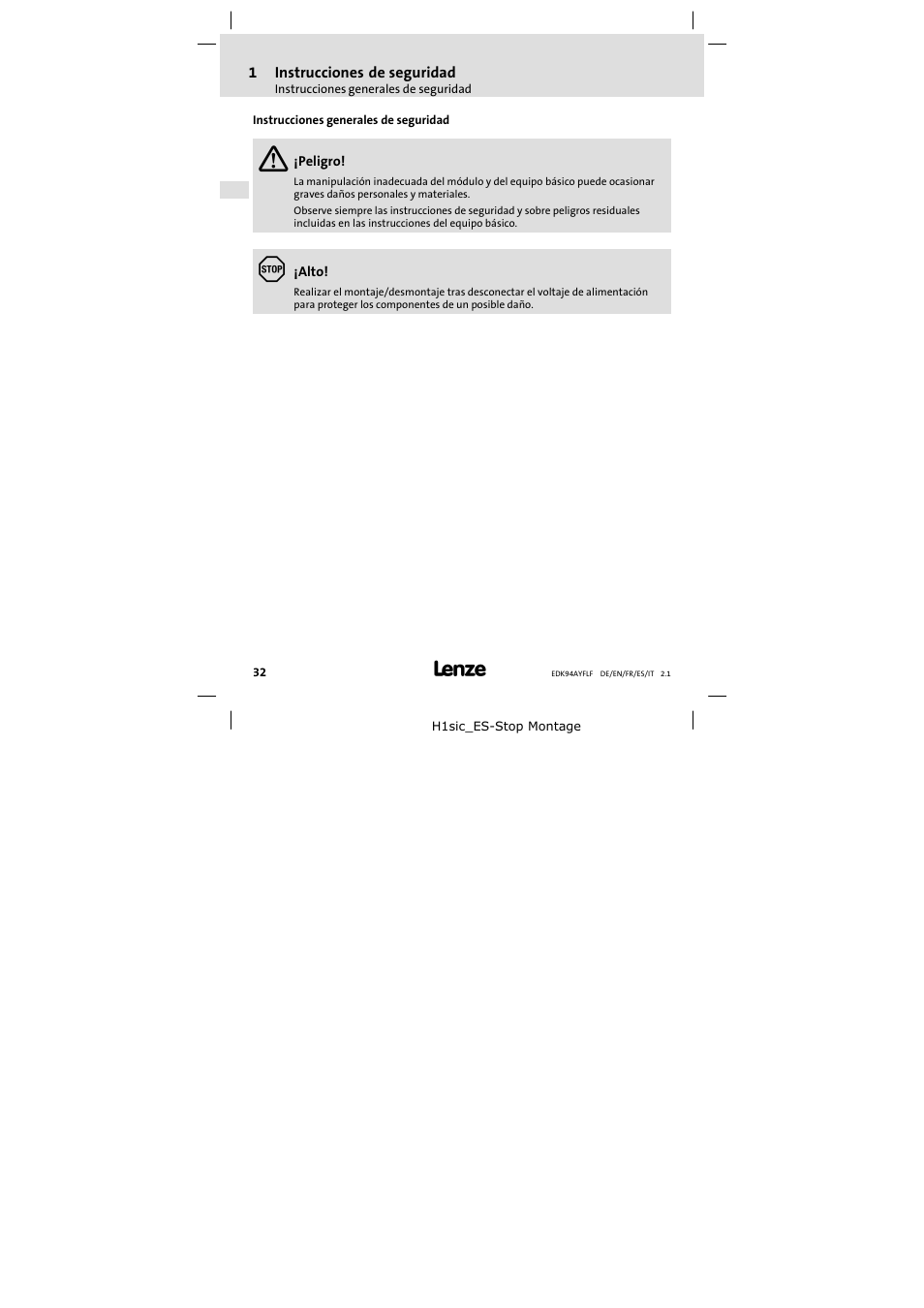 Instrucciones generales de seguridad | Lenze E94AYFLF User Manual | Page 32 / 44