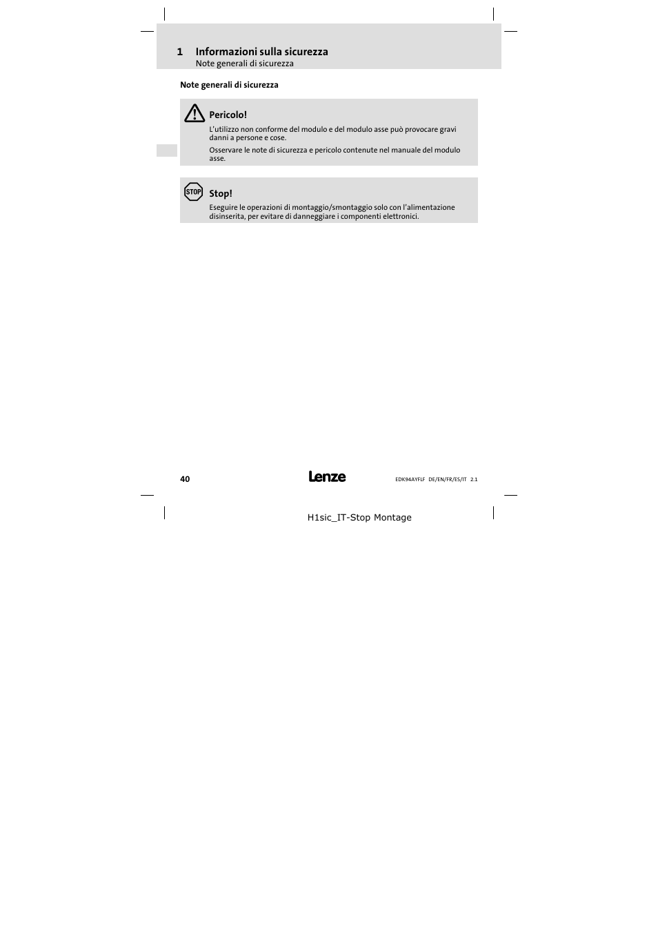 Note generali di sicurezza | Lenze E94AYFLF User Manual | Page 40 / 44