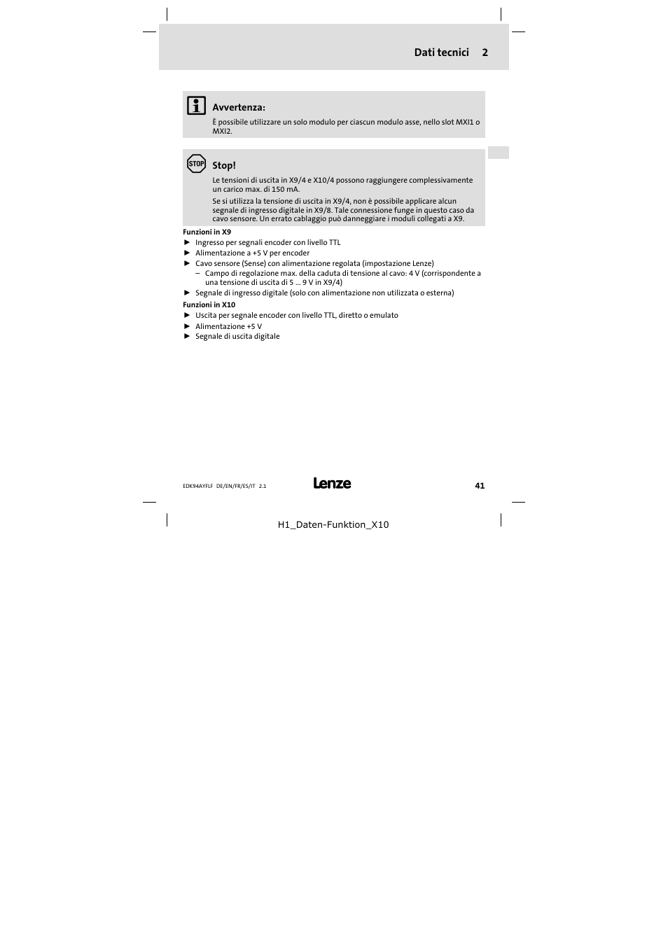 2 dati tecnici | Lenze E94AYFLF User Manual | Page 41 / 44