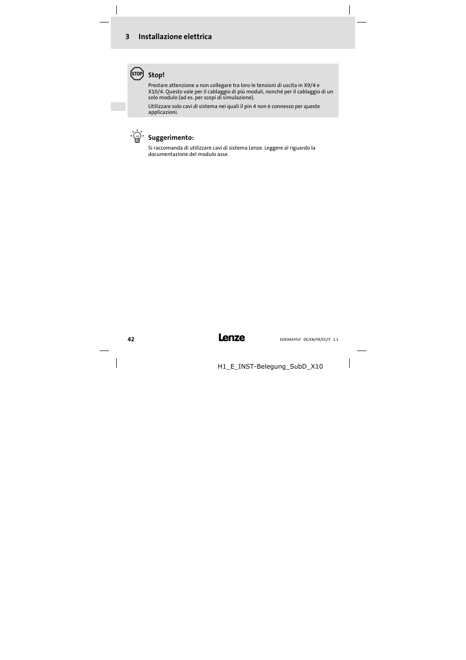 3 installazione elettrica | Lenze E94AYFLF User Manual | Page 42 / 44