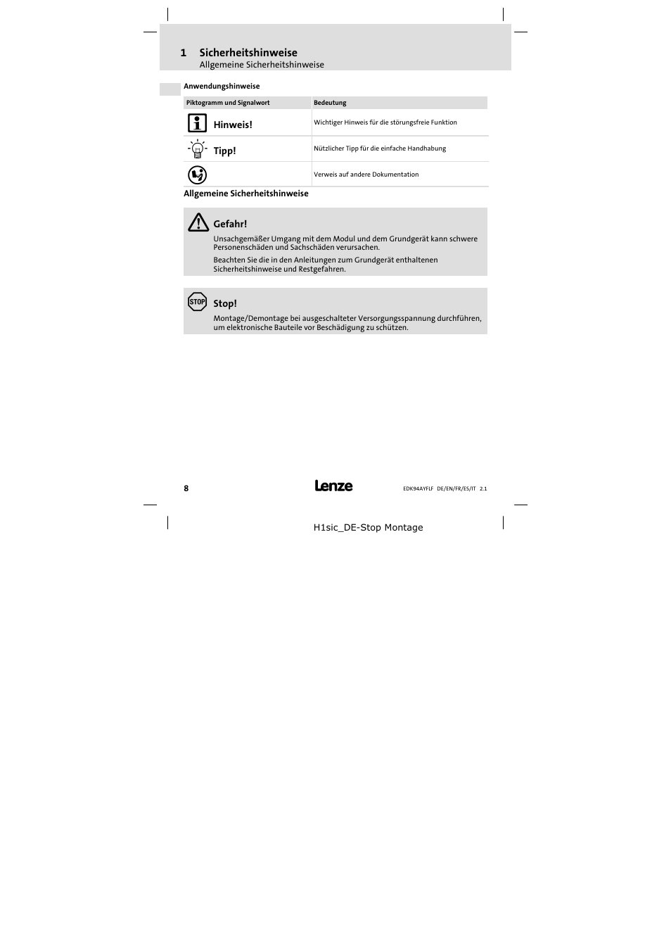 Allgemeine sicherheitshinweise | Lenze E94AYFLF User Manual | Page 8 / 44