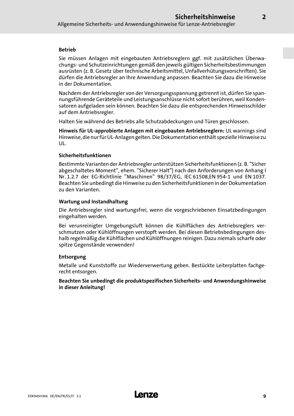 Sicherheitshinweise | Lenze E94ASHExxxx User Manual | Page 9 / 304