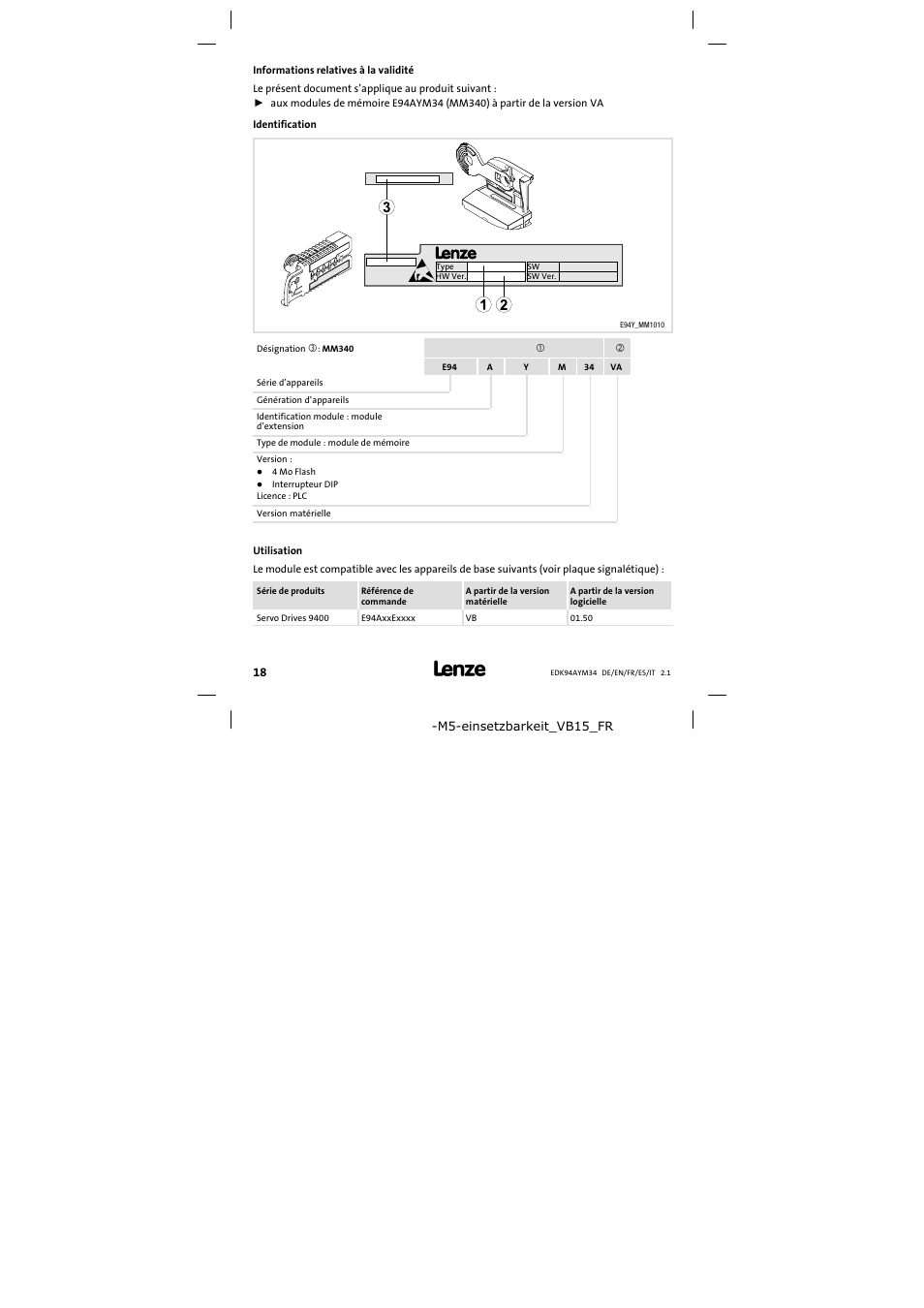 Informations relatives à la validité | Lenze E94AYM34 User Manual | Page 18 / 34