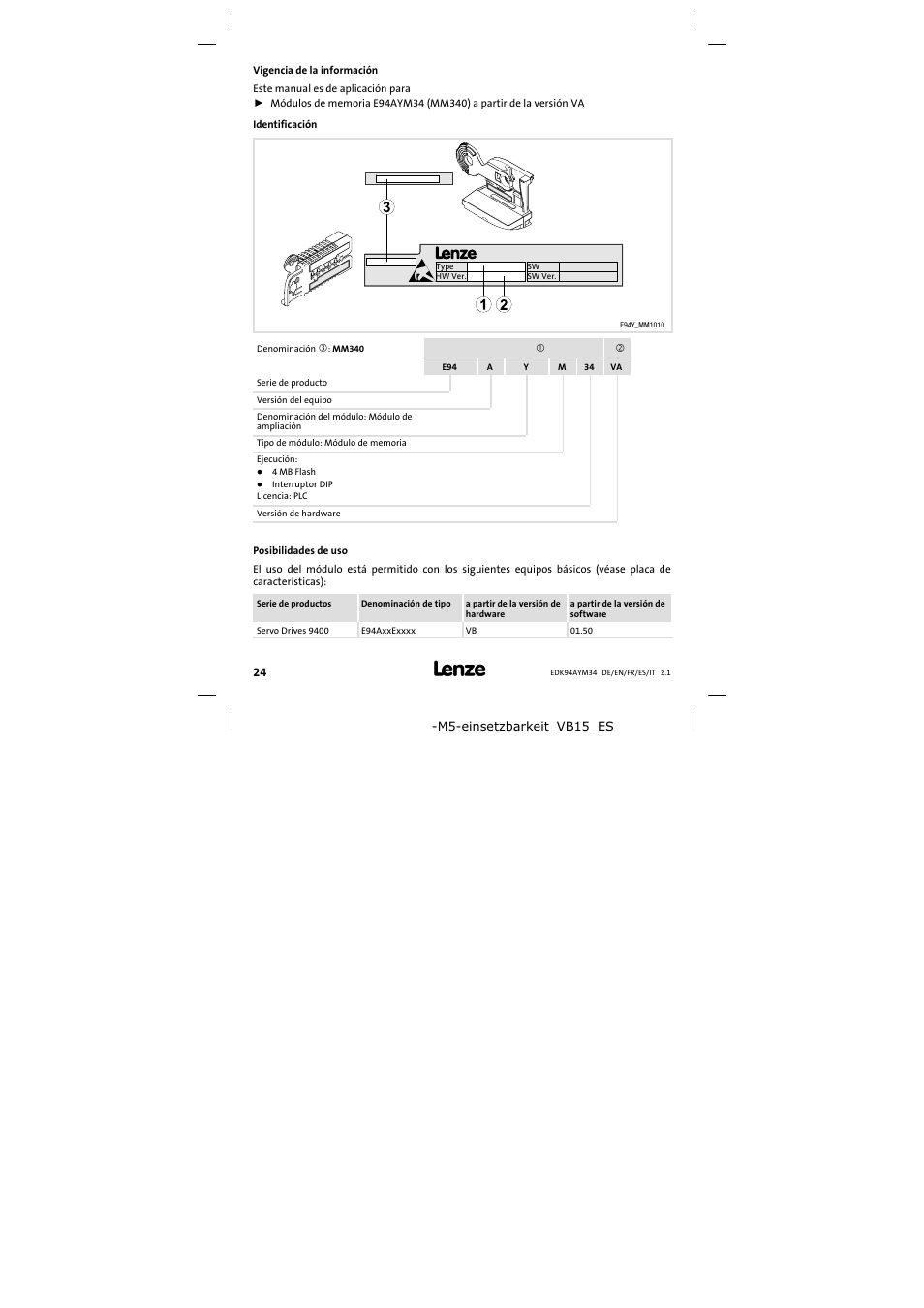 Vigencia de la información | Lenze E94AYM34 User Manual | Page 24 / 34