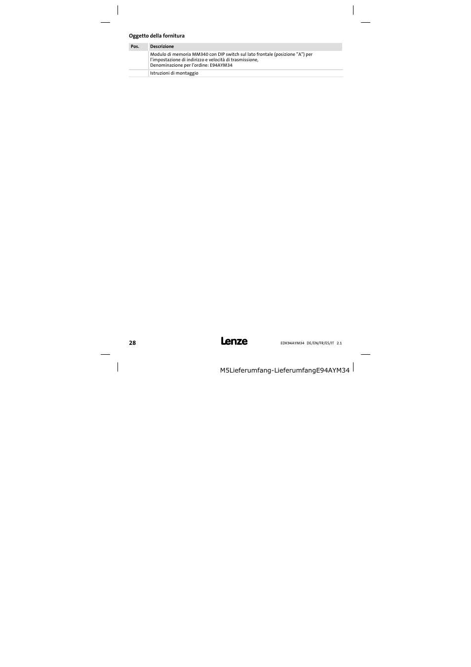 Oggetto della fornitura | Lenze E94AYM34 User Manual | Page 28 / 34