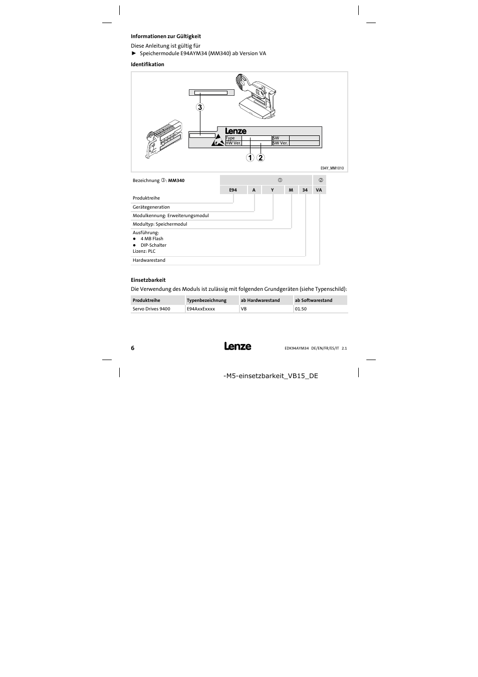 Informationen zur gültigkeit | Lenze E94AYM34 User Manual | Page 6 / 34