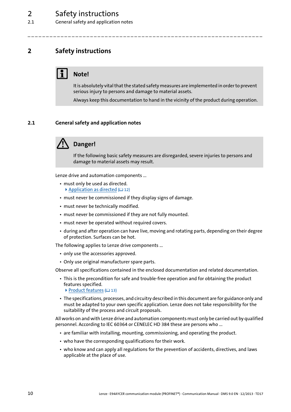 2 safety instructions, 1 general safety and application notes, Safety instructions | General safety and application notes, 2safety instructions | Lenze E94AYCER User Manual | Page 10 / 119