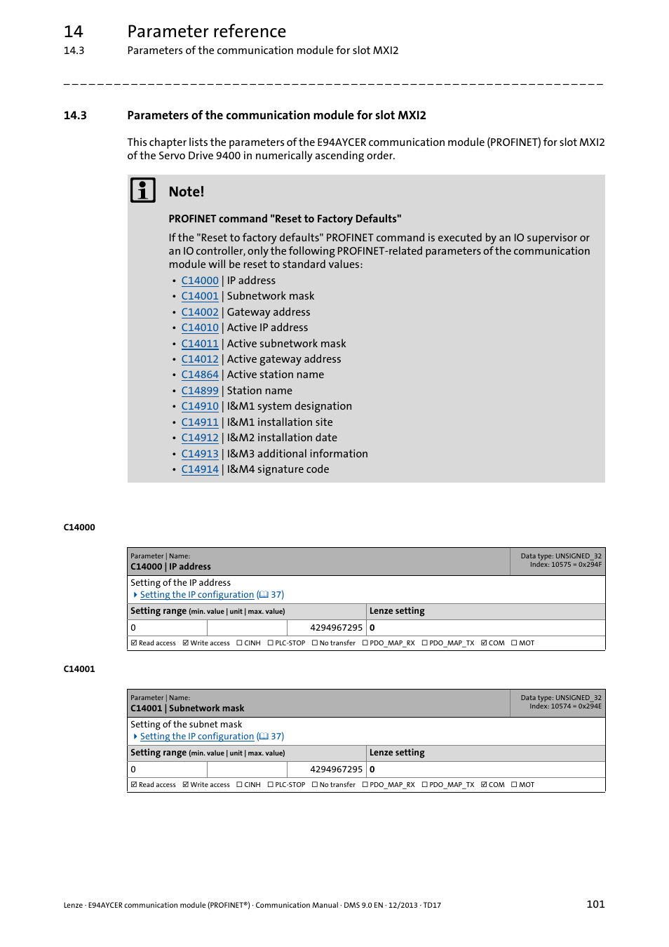 C14000 | ip address, C14001 | subnetwork mask, C14000 | Ip add, C14001, 14 parameter reference | Lenze E94AYCER User Manual | Page 101 / 119