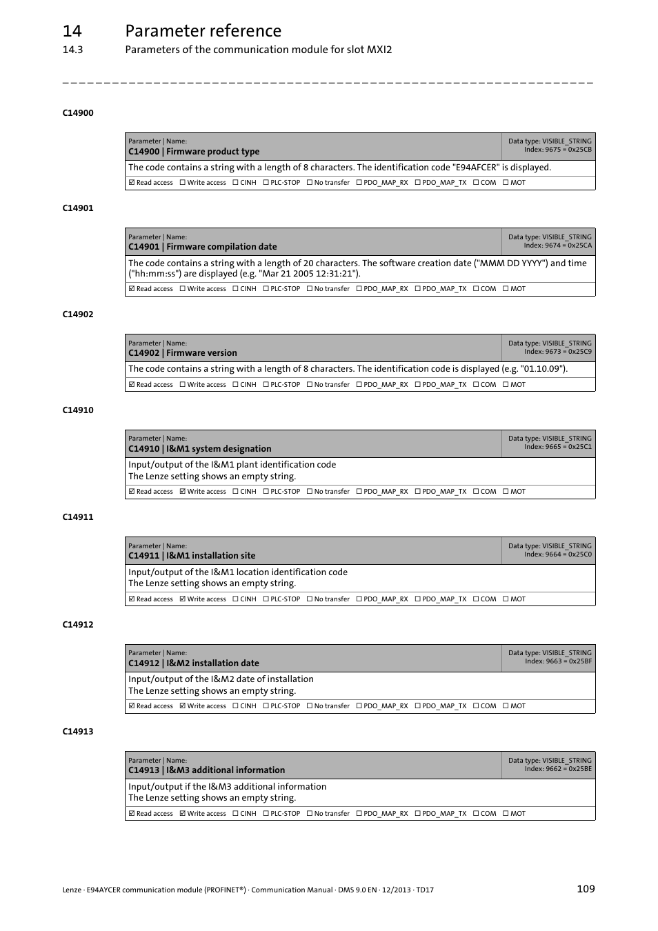 C14900 | firmware product type, C14901 | firmware compilation date, C14902 | firmware version | C14910 | i&m1 system designation, C14911 | i&m1 installation site, C14912 | i&m2 installation date, C14913 | i&m3 additional information, C14910, C14911, C14912 | Lenze E94AYCER User Manual | Page 109 / 119