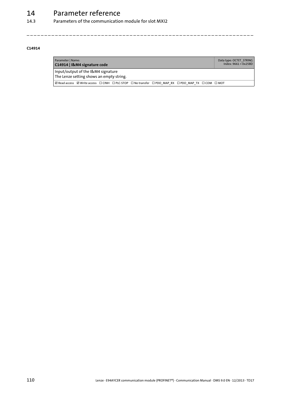 C14914 | i&m4 signature code, C14914, 14 parameter reference | Lenze E94AYCER User Manual | Page 110 / 119