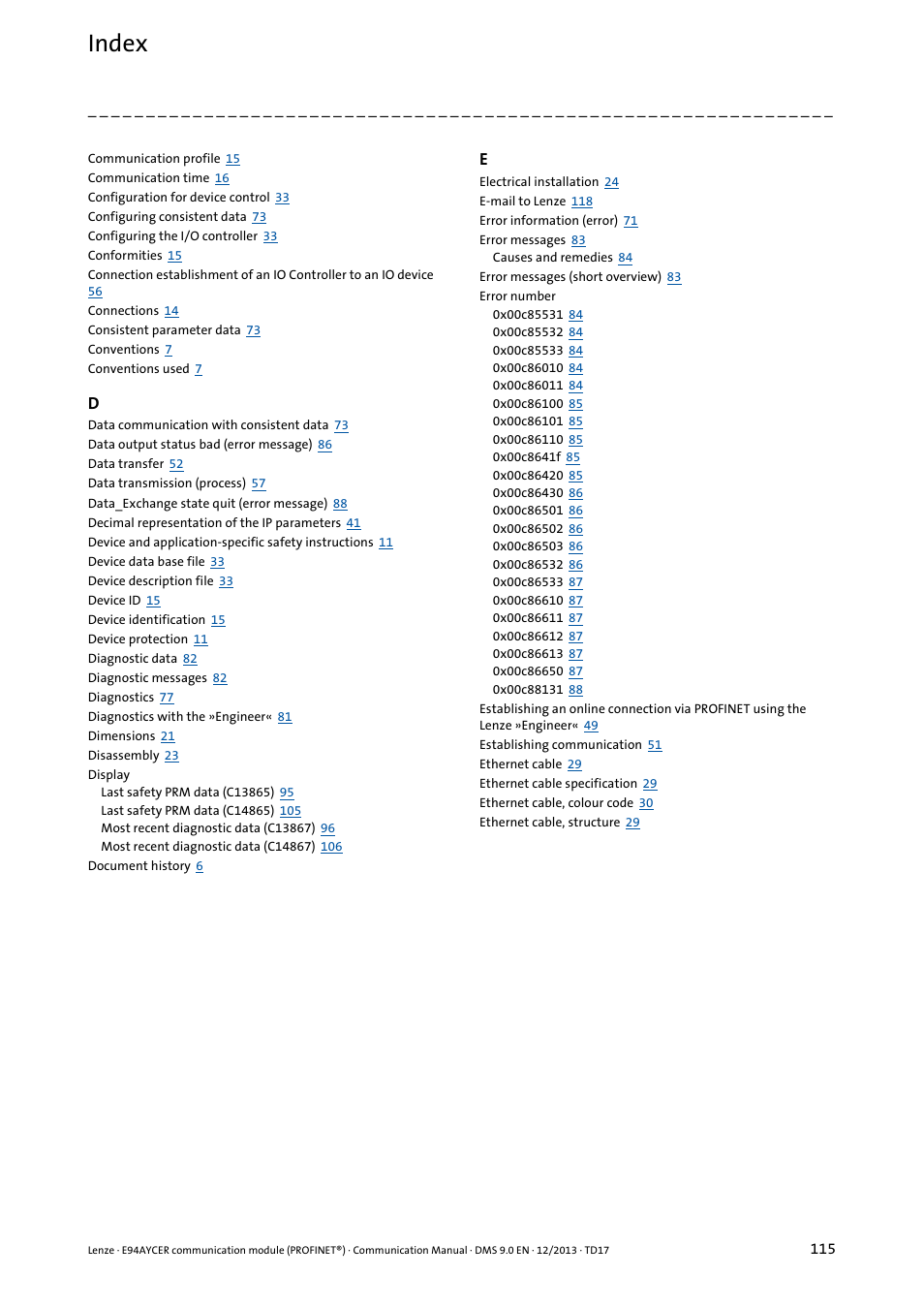 Index | Lenze E94AYCER User Manual | Page 115 / 119