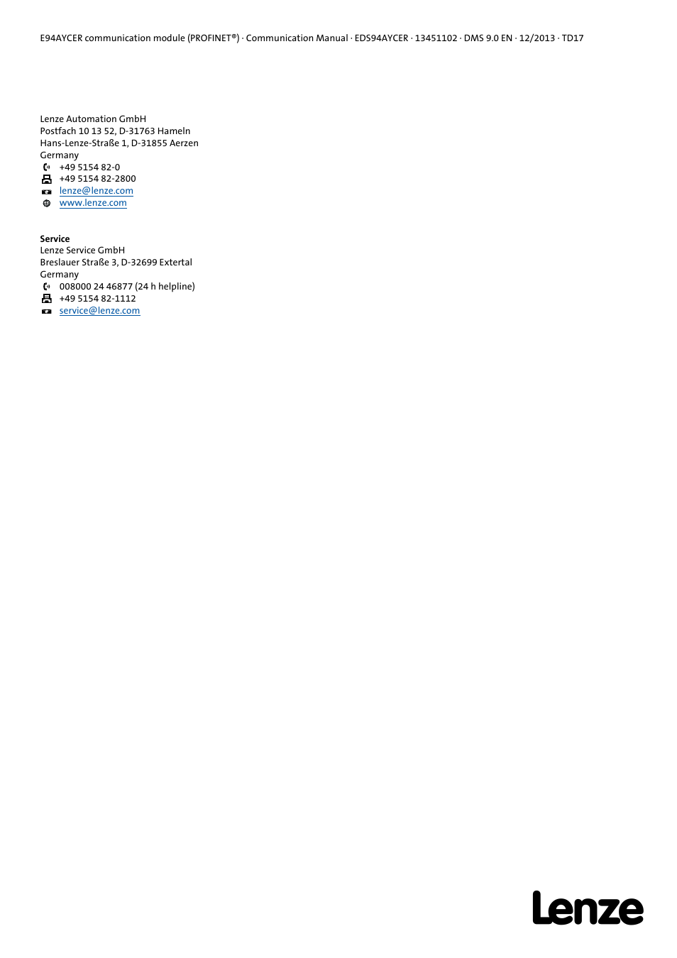 Lenze E94AYCER User Manual | Page 119 / 119