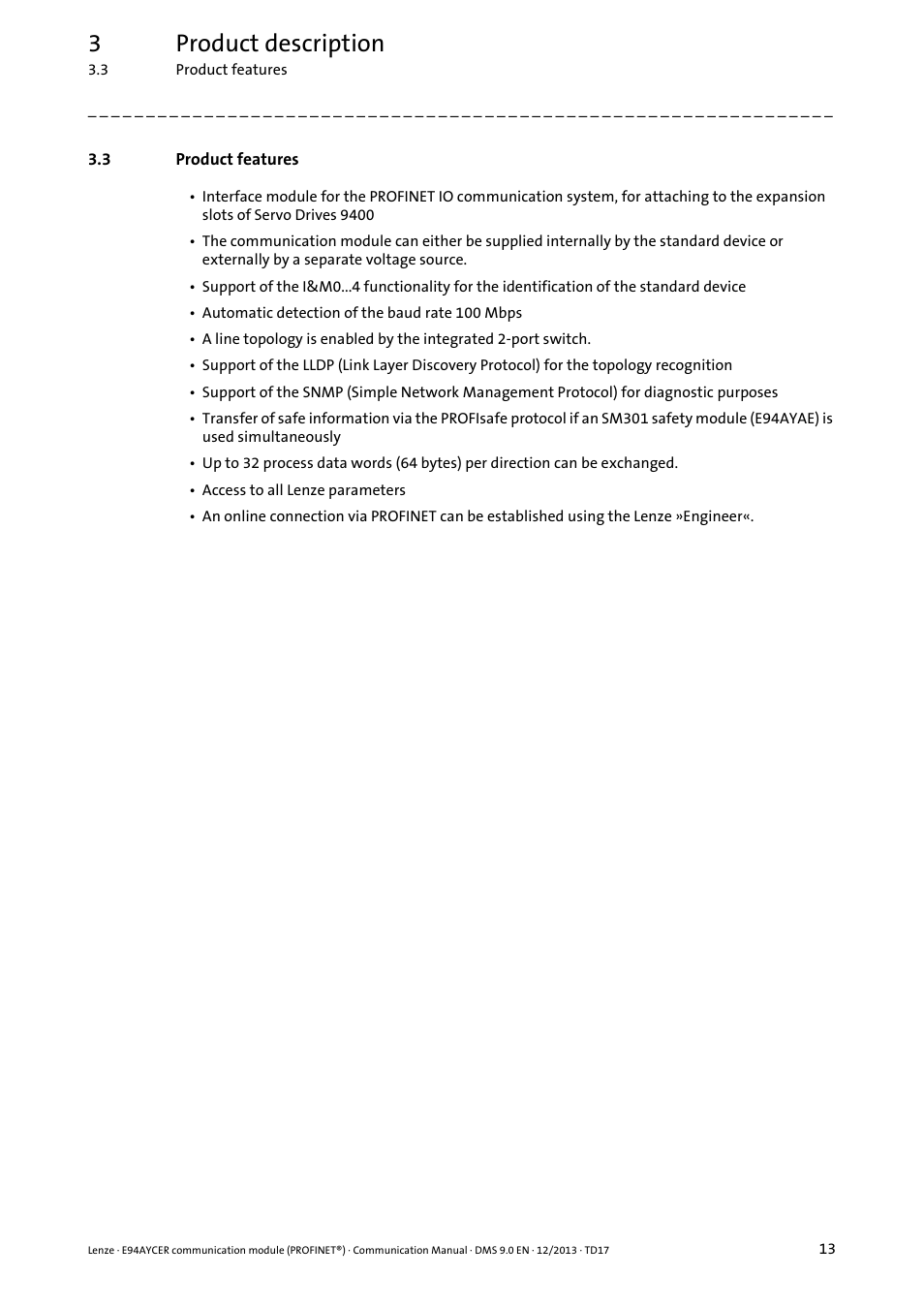 3 product features, Product features, 3product description | Lenze E94AYCER User Manual | Page 13 / 119