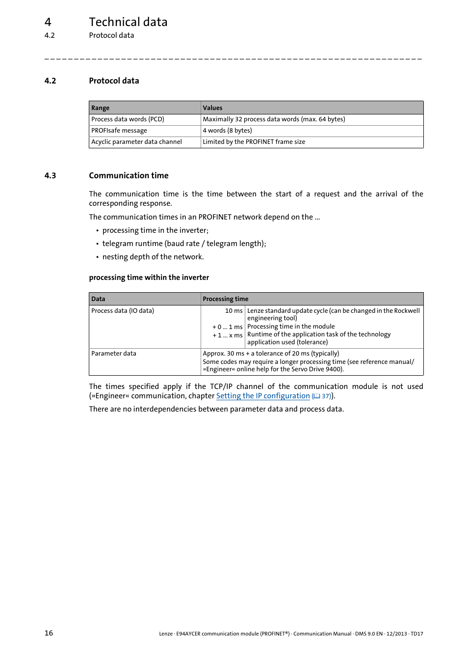 2 protocol data, 3 communication time, Protocol data | Communication time, 4technical data | Lenze E94AYCER User Manual | Page 16 / 119