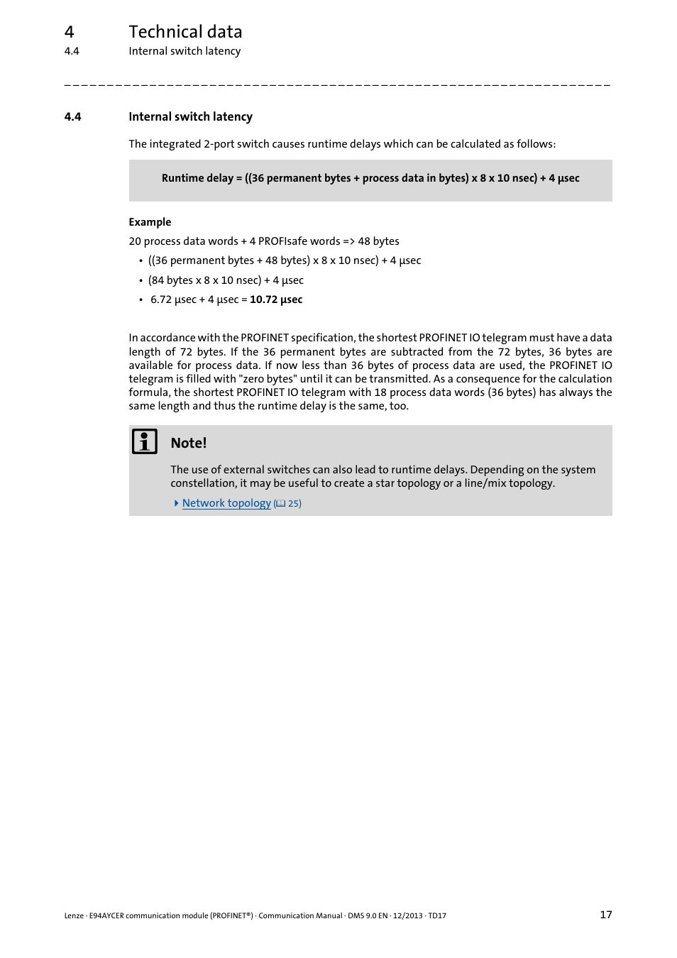 4 internal switch latency, Internal switch latency, 4technical data | Lenze E94AYCER User Manual | Page 17 / 119