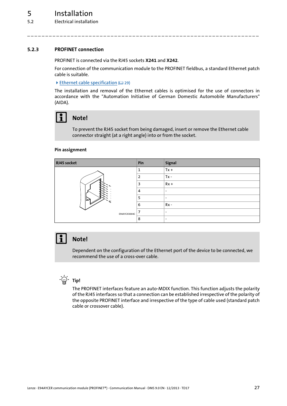 3 profinet connection, Profinet connection, Profinet connection ( 27) | 5installation | Lenze E94AYCER User Manual | Page 27 / 119